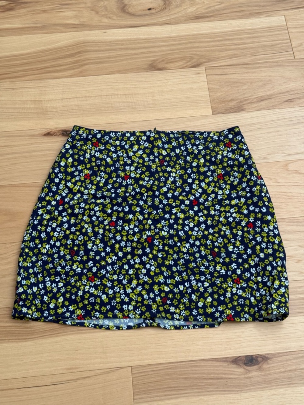 Aritzia Navy Mini Skirt with Green, White and Red Ditsy Floral